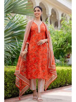Kohsh - Women Rust Cotton Kurta with Pant and Dupatta