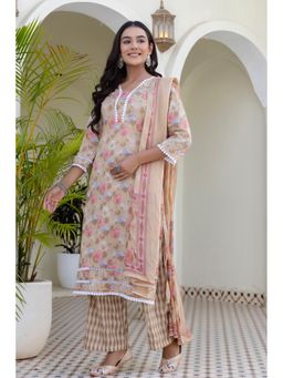 Kohsh - Women Beige Straight Mul Cotton Kurta with Palazzo and Dupatta