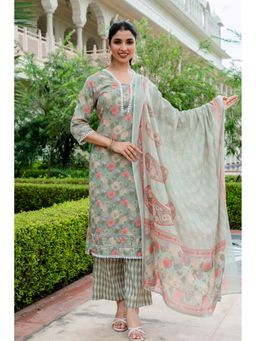 Kohsh - Women Green Cotton Kurta with Palazzo and Dupatta