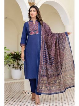 Kohsh - Women Blue Cotton Straight Mul Cotton Kurta with Pant and Dupatta