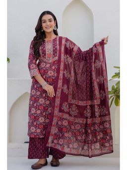Kohsh - Women Burgundy Straight Mul Cotton Kurta with Palazzo and Dupatta