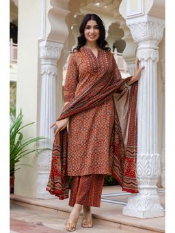 Kohsh - Women Red Mul Cotton Kurta with Palazzo and Dupatta
