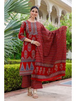 Kohsh - Women Maroon Straight Cotton Kurta with Palazzo and Dupatta