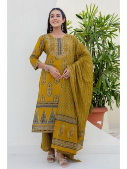 Kohsh - Women Mustard Mul Cotton Kurta with Palazzo and Dupatta