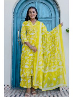Kohsh - Women Yellow Cotton Straight Mul Cotton Kurta with Palazzo and Dupatta
