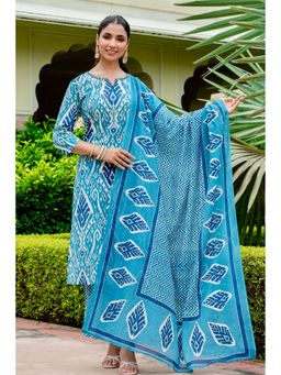 Kohsh - Women Blue Straight Mul Cotton Kurta with Palazzo and Dupatta