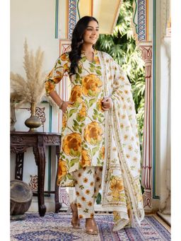 Kohsh - Women Off White Mul Cotton Kurta with Palazzo and Dupatta