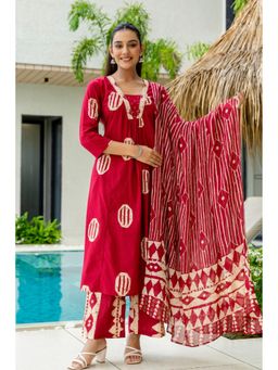 Kohsh - Women Red Cotton Mul Cotton Kurta with Palazzo and Dupatta