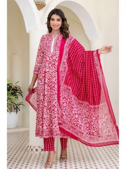 Kohsh - Women Pink Cotton Anarkali Mul Cotton Kurta with Pant and Dupatta