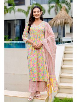 Kohsh - Women Yellow Cotton A-line Mul Cotton Kurta with Palazzo and Dupatta
