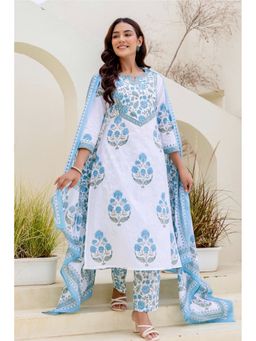 Kohsh - Women Off White A-line Mul Cotton Kurta with Pant and Dupatta
