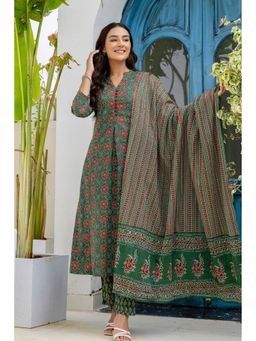 Kohsh - Women Green Mul Cotton Kurta with Pant and Dupatta