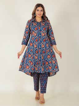 ARAMYA - Blue Soft Cotton High Low Abstract Print Kurta with Pant