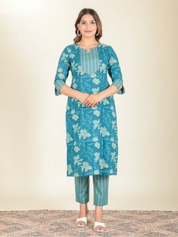 ARAMYA - Blue Soft Cotton Straight Floral Print Kurta with Pant