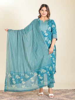 ARAMYA - Blue Soft Cotton Straight Floral Print Kurta with Pant and Dupatta