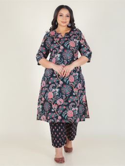ARAMYA - Black Soft Cotton Straight Floral Print Kurta with Pant