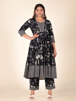 ARAMYA - Black Soft Cotton Floral Print Anarkali Kurta with Pant