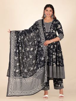 ARAMYA - Black Soft Cotton Floral Print Anarkali Kurta with Pant and Dupatta