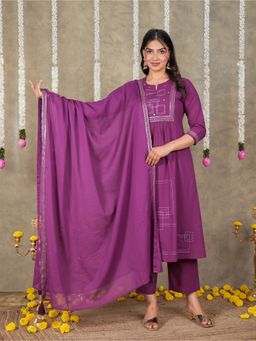 ARAMYA - Purple Soft Cotton Panelled Solid Kurta with Pant and Dupatta
