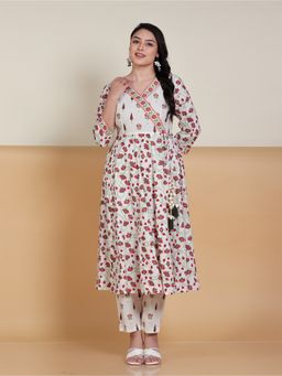 ARAMYA - Off White Soft Cotton Angrakha Floral Print Kurta with Pant