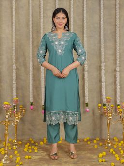 ARAMYA - Green Roman silk Solid Kurta with Pant
