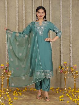 ARAMYA - Green Roman Silk Solid Kurta with Pant and Dupatta