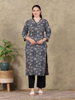 ARAMYA - Black Soft Cotton Printed Angarkha Kurta with Pant