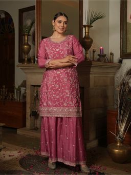 ARAMYA - Pink Chinon Chiffon Print Kurta with Sharara