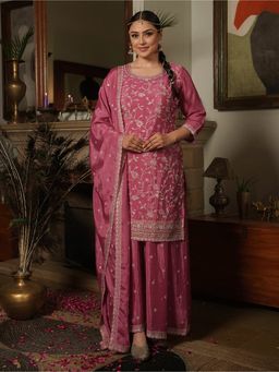 ARAMYA - Pink Chinon Chiffon Print Kurta with Sharara with Dupatta