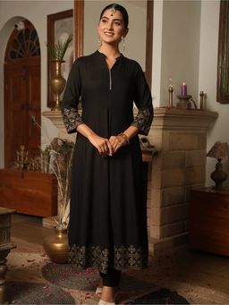 ARAMYA - Black Viscose Printed Kurta with Pant
