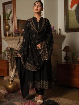 ARAMYA - Black Viscose Printed Anarkali Kurta with Pant and Dupatta