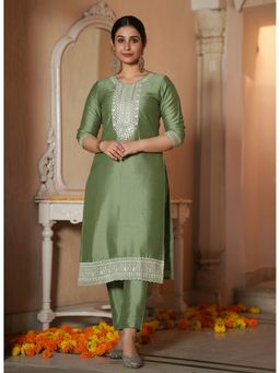 ARAMYA - Green Poly Silk Solid Kurta with Pant