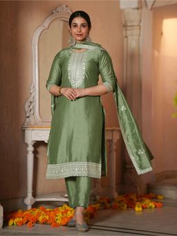 ARAMYA - Green Poly Silk Solid Kurta with Pant and Dupatta