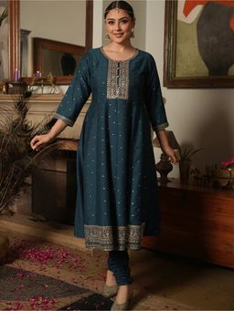 ARAMYA - Teal Chinon Chiffon Printed Anarkali Kurta with Pant
