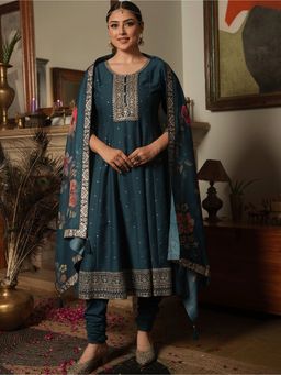 ARAMYA - Teal Chinon Chiffon Printed Anarkali Kurta with Pant and Dupatta