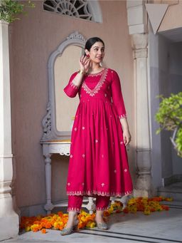 ARAMYA - Pink Poly Silk Solid Anarkali Kurta with Pant