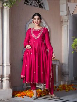ARAMYA - Pink Poly Silk Solid Kurta with Pant and Dupatta
