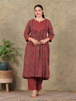 ARAMYA - Red Kantha Cotton Floral Print Kurta with Pant