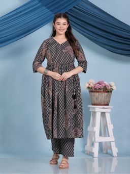 ARAMYA - Black Kantha Cotton Angrakha Paisley Print Kurta with Palazzo
