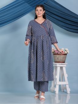 ARAMYA - Blue Kantha Cotton Angrakha Paisley Print Kurta with Palazzo