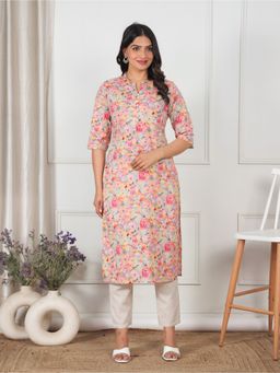 ARAMYA - Multi-Color Soft Cotton Straight Floral Print Kurta with Pant