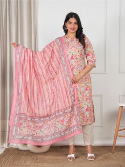 ARAMYA - Multi-Color Soft Cotton Straight Floral Print Kurta with Pant and Dupatta