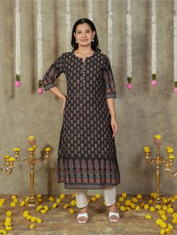 ARAMYA - Black Soft Cotton Butti Print Kurta with Pant