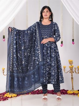 ARAMYA - Blue Soft Cotton Floral Print Kurta with Pant and Dupatta