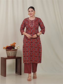 ARAMYA - Rust Soft Cotton Straight Geometric Print Kurta with Pant