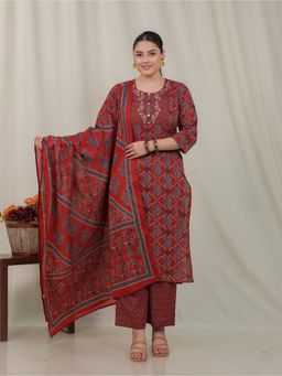 ARAMYA - Rust Soft Cotton Straight Geometric Print Kurta with Pant and Dupatta