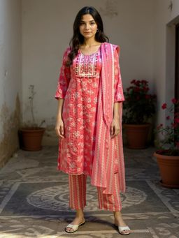 Rangita - Pink Poly Cotton Embroidered Kurta with Pant and Dupatta