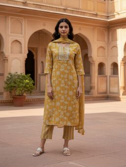Rangita - Mustard Poly Cotton Embroidered Straight Anarkali Kurta with Pant and Dupatta