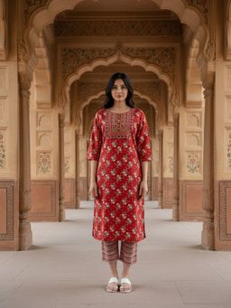 Rangita - Red Cotton Embroidered Straight Anarkali Kurta with Pant