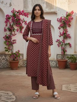Rangita - Red Cotton Embroidered Straight Anarkali Kurta with Pant and Dupatta